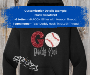 Go team custom glitter black hoodie customization example Go team custom glitter black hoodie customization example