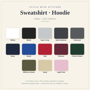 Available Gildan fleece colors for sweatshirt and hoodie