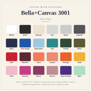 Available solid colors for Bella Canvas 3001 unisex tee