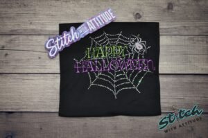 Happy-Halloween-Web-1 Happy Halloween Rhinestone Web Shirt, Crewneck and Hoodie