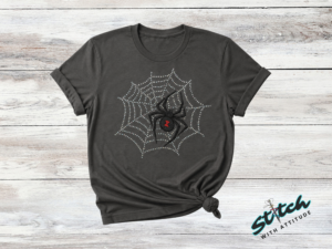 Spider-and-web-design-on-mock-up-2 Black Widow Rhinestone Spider Web Shirt, Crewneck and Hoodie