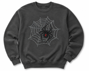 Spider-and-web-design-on-sweatshirt-mock-up Black Widow Rhinestone Spider Web Shirt, Crewneck and Hoodie