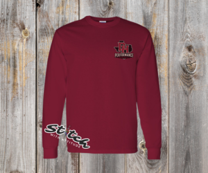 DaddyHack DH Performance Baseball chest logo on maroon Gildan long sleeve
