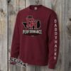 Maroon Gildan crewneck sweatshirt with DH Texas Performance Baseball logo on chest and DADDYHACKS text on sleeve