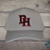 Daddy Hack Monogram embroidery detail on foam trucker Daddy Hack DH monogram embroidery detail, red and black thread on light gray hat