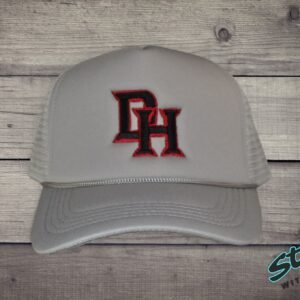 Daddy Hack DH monogram embroidery detail, red and black thread on light gray hat