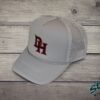 Daddy Hack Monogram on light gray foam trucker hat, side view Daddy Hack DH monogram embroidered on light gray foam trucker hat, side profile with mesh back