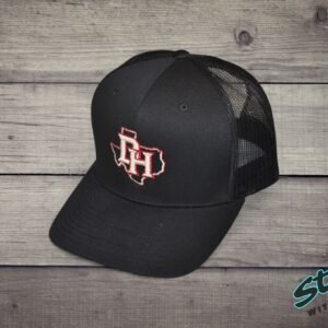 Daddy Hack open Texas design embroidered on black trucker hat, angled view