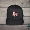 Daddy Hack open Texas design embroidered on black trucker hat, close view