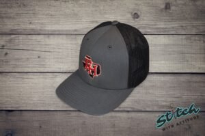 Daddy Hack Texas Filled on charcoal flexfit hat, side view Daddy Hack filled Texas state with DH logo on charcoal gray flexfit hat, side profile