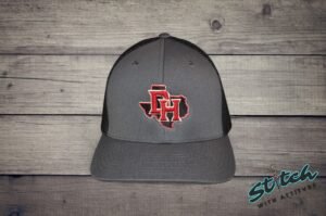 Daddy Hack Texas Filled on charcoal flexfit front Daddy Hack filled Texas design embroidered on charcoal flexfit hat, front view