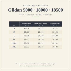 Size chart for Gildan t-shirt, sweatshirt and hoodie, listing chest and length measurements by size.