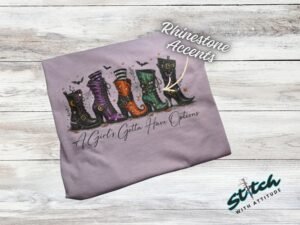 A Girl's Gotta Have Options Witch Boots Tee - Girls-Gotta-Have-Options-Boots-Tee-1.jpg A Girl's Gotta Have Options Witch Boots Tee - witch boots Halloween tee with rhinestone accents