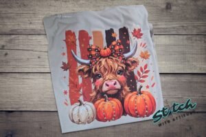 Highland Cow Fall Pumpkin Rhinestone Tee. A shaggy little cow in a plaid bow, three pumpkins, and real rhinestones set by hand. Fall, wearing it loudly.