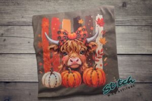 Highland Cow Fall Pumpkin Rhinestone Tee. A shaggy little cow in a plaid bow, three pumpkins, and real rhinestones set by hand. Fall, wearing it loudly.