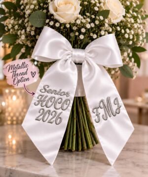 Custom Embroidered HOCO Bouquet Ribbon - Homecoming-Bouquet-Sash-2.jpg Homecoming bouquet sash in white satin, embroidered HOCO 2026 on one side and a monogram on the other.