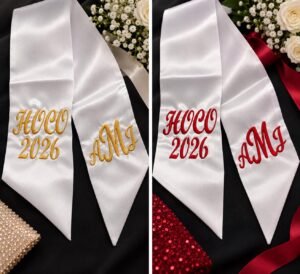 Custom Embroidered HOCO Bouquet Ribbon - Homecoming-Bouquet-Sash-3.jpg Homecoming bouquet sash in white satin, embroidered HOCO 2026 on one side and a monogram on the other.