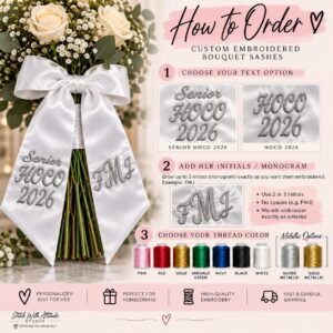 Custom Embroidered HOCO Bouquet Ribbon - Homecoming-Bouquet-Sash-4.jpg Homecoming bouquet sash in white satin, embroidered HOCO 2026 on one side and a monogram on the other.