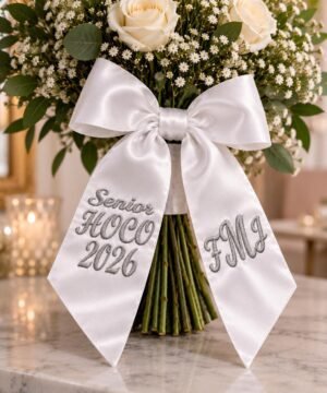 Custom Embroidered HOCO Bouquet Ribbon - Homecoming-Bouquet-Sash-6.jpg Homecoming bouquet sash in white satin, embroidered HOCO 2026 on one side and a monogram on the other.