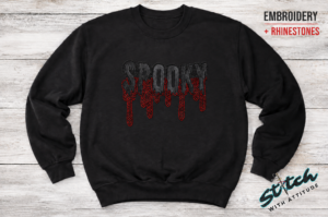 Spooky Drip Rhinestone Crewneck & Hoodie - Spooky-Drip-Hoodie-flat-lay.png Spooky Drip Rhinestone Crewneck & Hoodie - witch boots Halloween tee with rhinestone accents