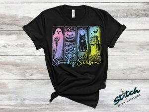 Spooky Season Neon Pastel Goth Halloween Tee - spooky-season-neon-halloween-tee-1.jpg Spooky Season Neon Pastel Goth Halloween Tee. A four-panel Halloween graphic of a ghost, a pumpkin, a black cat and a gothic tower, glowing in neon under Spooky Season script. Fest