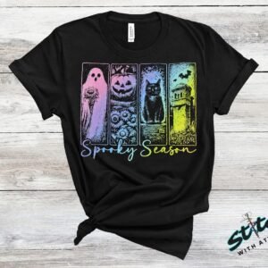 Spooky Season Neon Pastel Goth Halloween Tee - spooky-season-neon-halloween-tee-1.jpg Spooky Season Neon Pastel Goth Halloween Tee. A four-panel Halloween graphic of a ghost, a pumpkin, a black cat and a gothic tower, glowing in neon under Spooky Season script. Fest