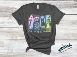 Spooky Season Neon Pastel Goth Halloween Tee - spooky-season-neon-halloween-tee-2.jpg Spooky Season Neon Pastel Goth Halloween Tee. A four-panel Halloween graphic of a ghost, a pumpkin, a black cat and a gothic tower, glowing in neon under Spooky Season script. Fest
