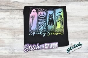 Spooky Season Neon Pastel Goth Halloween Tee - spooky-season-neon-halloween-tee-3.jpg Spooky Season Neon Pastel Goth Halloween Tee. A four-panel Halloween graphic of a ghost, a pumpkin, a black cat and a gothic tower, glowing in neon under Spooky Season script. Fest