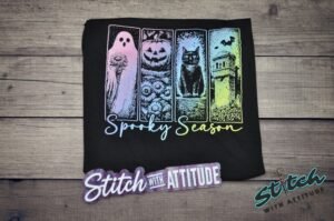 Spooky Season Neon Pastel Goth Halloween Tee - spooky-season-neon-halloween-tee-4.jpg Spooky Season Neon Pastel Goth Halloween Tee. A four-panel Halloween graphic of a ghost, a pumpkin, a black cat and a gothic tower, glowing in neon under Spooky Season script. Fest