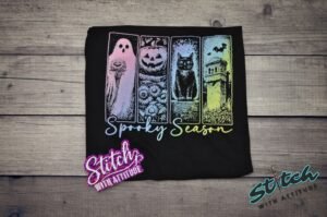 Spooky Season Neon Pastel Goth Halloween Tee - spooky-season-neon-halloween-tee-5.jpg Spooky Season Neon Pastel Goth Halloween Tee. A four-panel Halloween graphic of a ghost, a pumpkin, a black cat and a gothic tower, glowing in neon under Spooky Season script. Fest