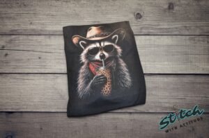 Cowboy Raccoon Rhinestone Tee - Cowboy-Raccoon-Rhinestone-Tee-02.jpg Cowboy Raccoon Rhinestone Tee. A raccoon in a cowboy hat, sunglasses and bandana, sipping from a leopard print cup. DTF print on black with rhinestones set by hand, standard or ext