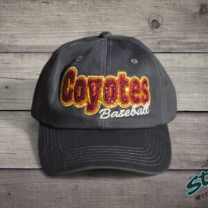 Double Glitter Mascot Dad Hat - Double-Glitter-Mascot-Dad-Hat-01.jpg Double Glitter Mascot Dad Hat. Your mascot name in two layers of glitter, one color outlining the other, with a script line underneath. Shown as Coyotes Baseball in gold and maroon