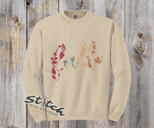 Fall Embroidered Leaf Crewneck - Fall-Embroidered-Leaf-Crewneck-03-sand.png Fall Embroidered Leaf Crewneck. The word Fall embroidered in leaves and vines across the chest, in rust, gold, brown and burgundy thread. Black, white, sand or military green.