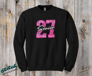 Senior 2027 Glitter Applique Sweatshirt - Senior-2027-Glitter-Sweatshirt-01.png Senior 2027 Glitter Applique Sweatshirt. A large glitter 27 with Senior embroidered in script through the numbers. Your glitter color, your thread color, your garment. For the clas