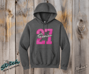 Senior 2027 Glitter Applique Sweatshirt - Senior-2027-Glitter-Sweatshirt-02.png Senior 2027 Glitter Applique Sweatshirt. A large glitter 27 with Senior embroidered in script through the numbers. Your glitter color, your thread color, your garment. For the clas