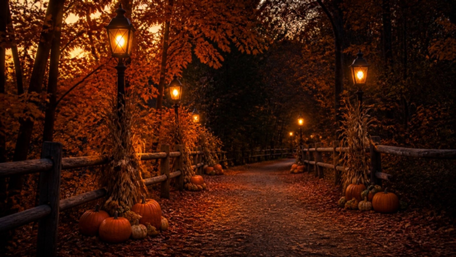 Lantern-lit path through amber maple trees lined with pumpkins at dusk